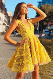 Yellow lace short prom dress, yellow homecoming dress HZ1023