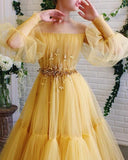 Yellow tulle lace long prom dress party dress HZ1023