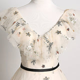 Pretty Champagne Floral Tulle V Neck Floor Length Customize Prom Dress, Formal Dress HZ1023