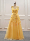 Yellow Flowers Tulle Long New Prom Dress, A-line Party Dress HZ1023