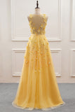 Yellow Flowers Tulle Long New Prom Dress, A-line Party Dress HZ1023