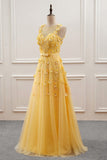 Yellow Flowers Tulle Long New Prom Dress, A-line Party Dress HZ1023