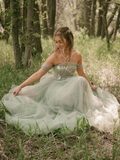 2025 New A Line Off the Shoulder Appliques Tulle Long Prom Dress Evening Dress HZ1023