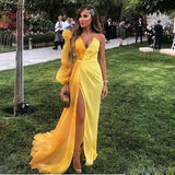 Yellow Dubai Formal Party Dress Women Long Sleeve Evening Gowns Elegant Slit Chiffon Muslim Evening Dresses HZ1023