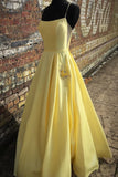Yellow Satin Spaghetti Straps Long Prom Dress Party Dress With Pocket HZ1023