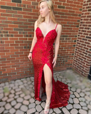 Mermaid Slit Prom Dress With Floral Appliques,Light Blue Sequin Evening Dress HZ1023