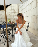 2025 New A Line Spaghetti Strap White Satin Long Prom Dress Evening Dress HZ1023