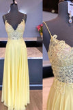 Yellow v neck chiffon lace long prom dress yellow evening dress HZ1023