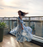 2025 New A Line Off the Shoulder Print Floral Chiffon Prom Dress Evening Dress HZ1023