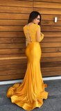 Yellow Lace Mermaid Prom Party Dresses Vintage Sheer Lace V-neck Evening Gowns Formal Red Carpet Dress with Long Sleeves HZ1023