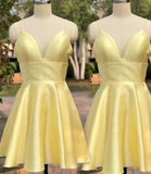 Yellow Satin Short Graduation Prom Dress ,Spaghetti Straps Homecoming Dress HZ1023