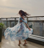 2025 New A Line Off the Shoulder Print Floral Chiffon Prom Dress Evening Dress HZ1023