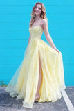 Yellow Spaghetti Straps Appliques Tulle A Line Prom Dresses Evening Dress HZ1023