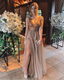 2025 A Line Brown Tulle Beaded Sweetheart Long Backless Prom Dress HZ1023