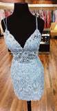 short fashion party dresses mini blue lace homecoming dress HZ1023