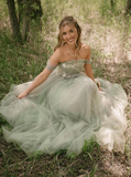 2025 New A Line Off the Shoulder Appliques Tulle Long Prom Dress Evening Dress HZ1023