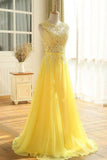 Yellow Floor Length A Line Beading Appliques Sashes Sleeveless Chiffon Long Prom Dress HZ1023
