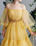 Yellow tulle lace long prom dress party dress HZ1023