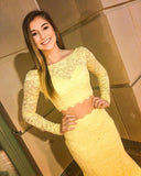 Yellow Lace Two Piece Long Party Dress, Long Sleeve Prom Dress HZ1023