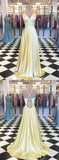 Yellow Satin V Neck Long Open Back Prom Dress, Evening Dress HZ1023