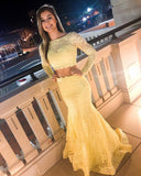 Yellow Lace Two Piece Long Party Dress, Long Sleeve Prom Dress HZ1023