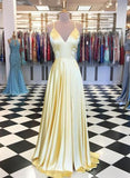 Yellow Satin V Neck Long Open Back Prom Dress, Evening Dress HZ1023