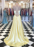 Yellow Satin V Neck Long Open Back Prom Dress, Evening Dress HZ1023