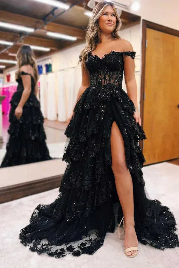 Pretty Off the Shoulder Black Tulle Appliques Off-the-Shoulder Ruffle Long Prom Dress Graduation Dress HZ1121