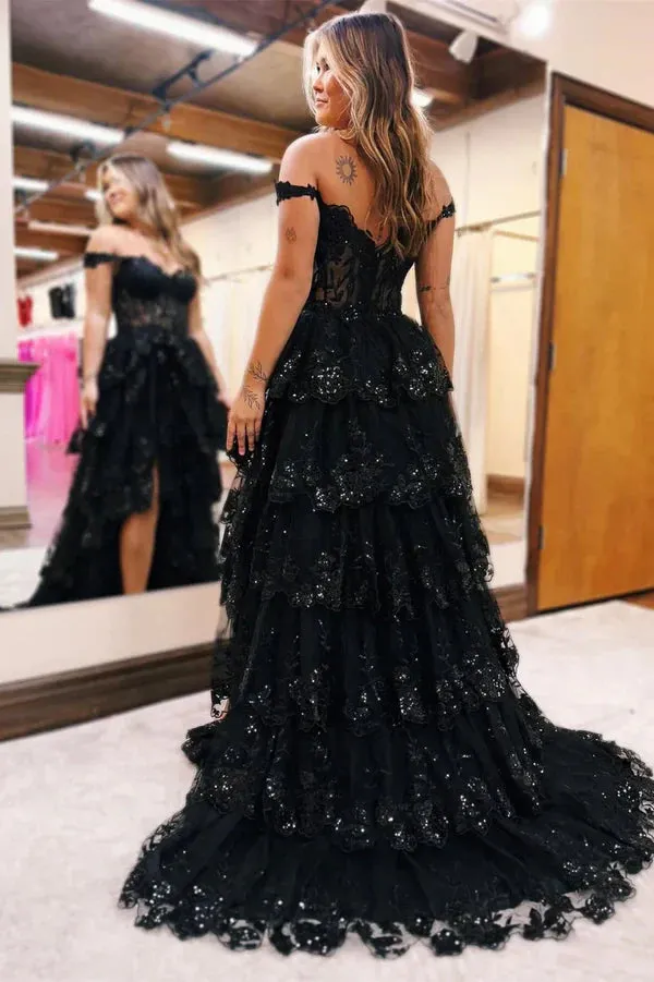Pretty Off the Shoulder Black Tulle Appliques Off-the-Shoulder Ruffle Long Prom Dress Graduation Dress HZ1121 - Image 3