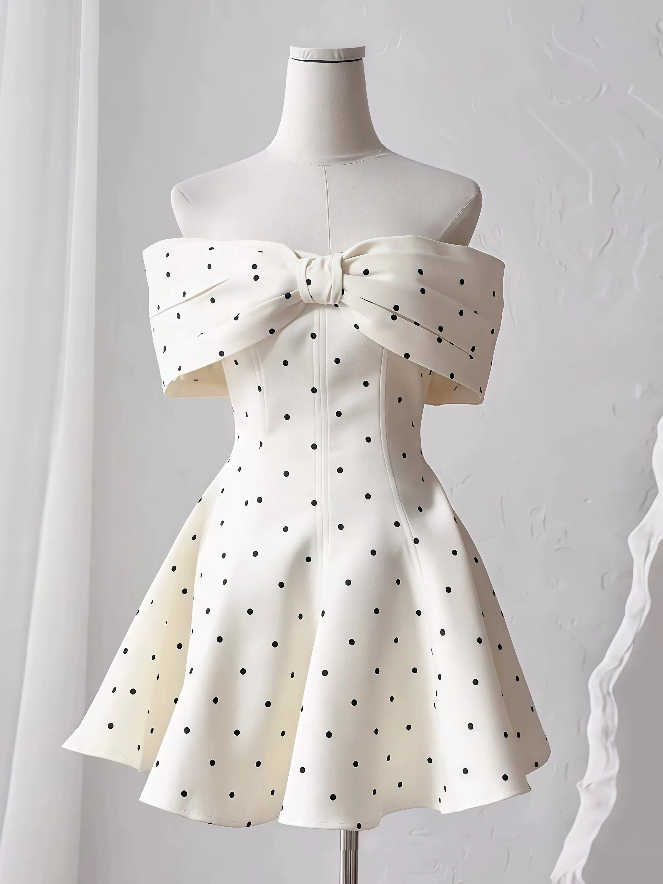 Cute A line Off The Shoulder Black Polka Dots Short Satin Formal Homecoming Dresses Party Graduation Dress Hoco Dresses HZ1121