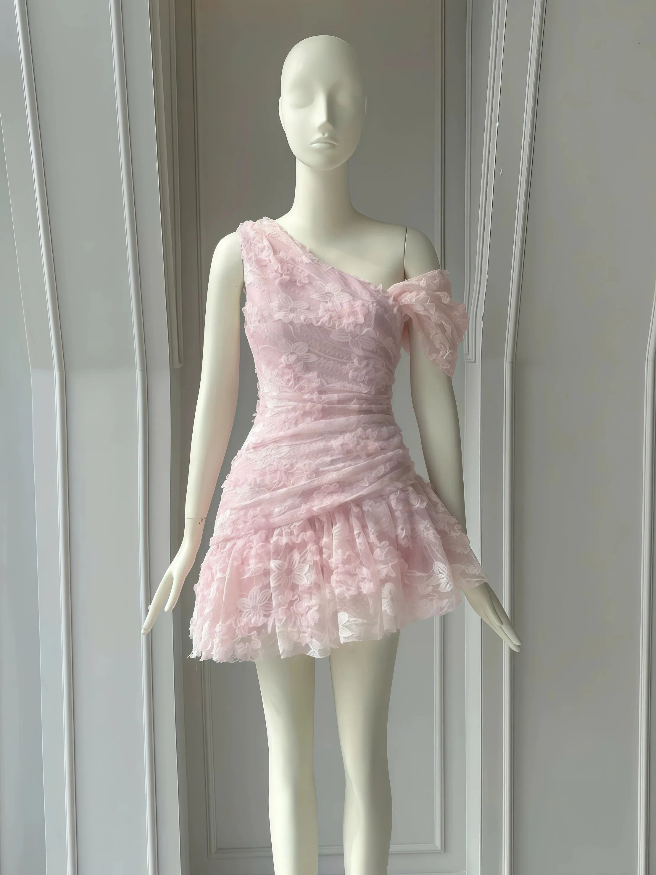 Cute Sheath One Shoulder Pink Lace Short Satin Formal Homecoming Dresses Party Graduation Dress Hoco Dresses HZ1121