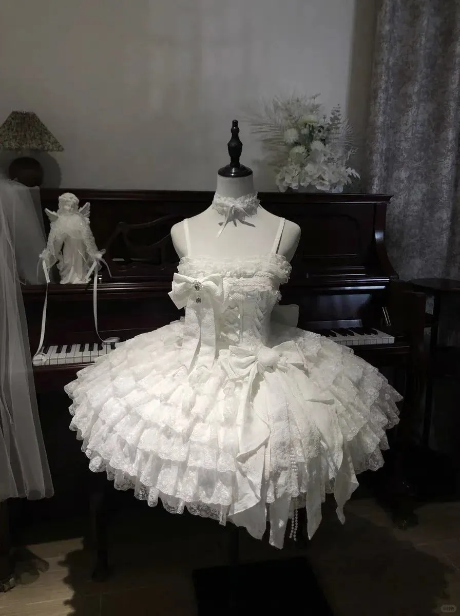 Vintage Ball Gown White Tulle Lace Spaghetti Straps Short Lolita Outfits 18th Birthday Dress Mini Cute Lolita Dress HZ1121