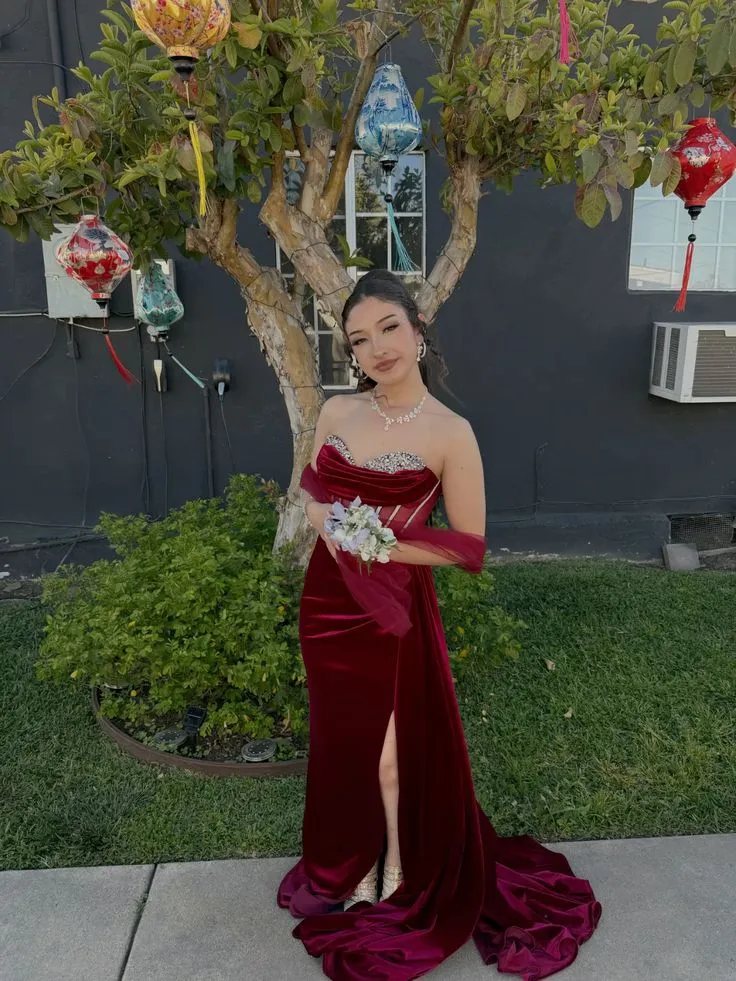 Classy Mermaid Sweetheart Burgundy Long Formal Prom Gown Summer Wedding Guest Dress Bridal Guest Dresses Wedding Outfits For Guest HZ1121