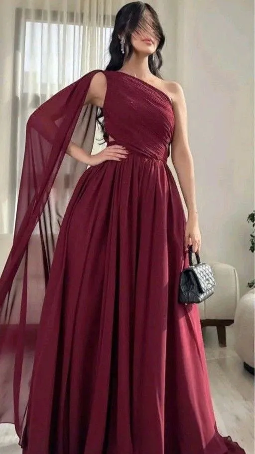 Classy A line One Shoulder Burgundy Long Formal Prom Gown Summer Wedding Guest Dress Bridal Guest Dresses Wedding Outfits For Guest HZ1121