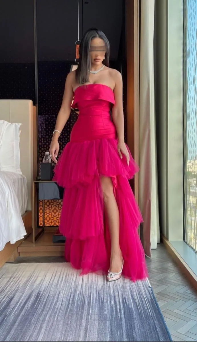 Elegant Sheath Strapless Pink Tulle Long Prom Dresses Party Dress 21st Birthday Outfits Graduation Dresses HZ1121