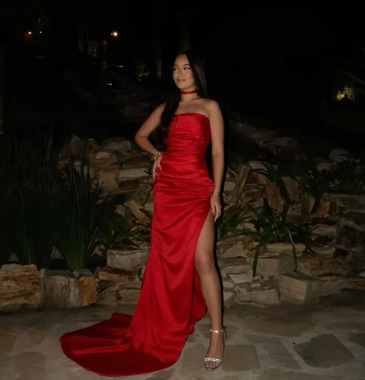 Elegant Sheath Strapless Red Slit Long Prom Dresses Party Dress 21st Birthday Outfits Graduation Dresses HZ1121