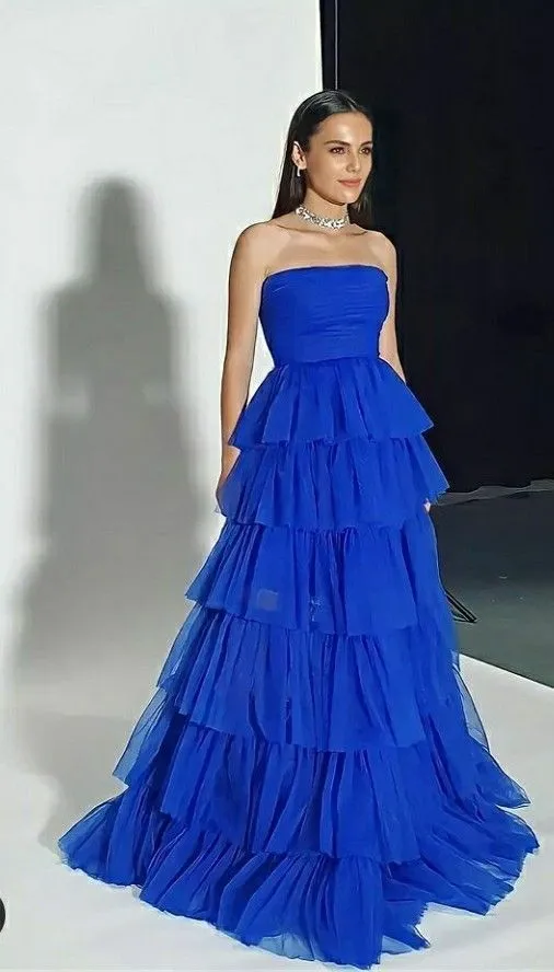 Elegant A line Strapless Royal Blue Tulle Long Prom Dresses Party Dress 21st Birthday Outfits Graduation Dresses HZ1121