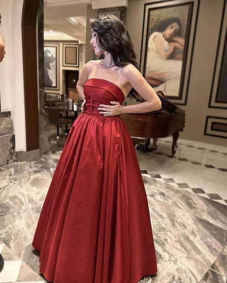 Glamorous A Line Strapless Burgundy Long Evening Party Gowns Evening Special Formal Dresses Prom Dress HZ1121