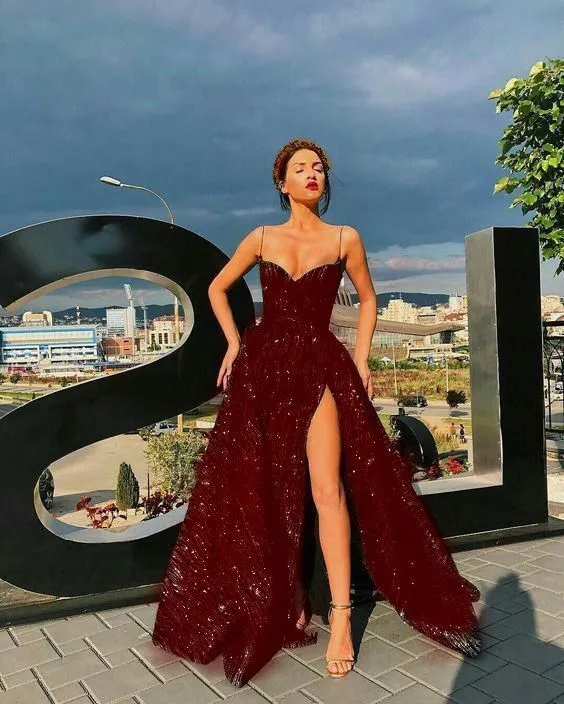 Glamorous A line Sweetheart Sleeveless Sequin Slit Burgundy Long Evening Party Gowns Evening Special Formal Dresses Prom Dress HZ1121