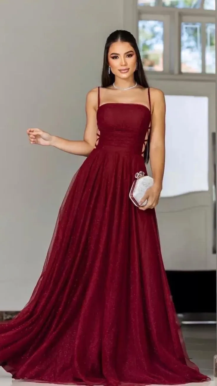 Glamorous A Line Spaghetti Straps Burgundy Tulle Long Evening Party Gowns Evening Special Formal Dresses Prom Dress HZ1121