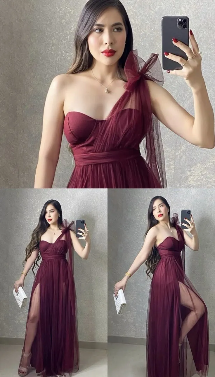 Glamorous A line One Shoulder Sleeveless Tulle Slit Burgundy Long Evening Party Gowns Evening Special Formal Dresses Prom Dress HZ1121