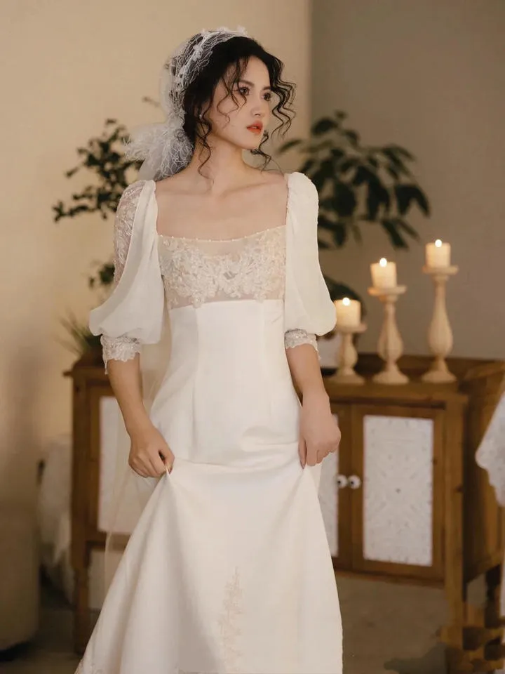 Romantic Wedding Gown Bridal Dress A Line Square Neck Satin Wedding Dress Ivory Wedding Dresses Modest Wedding Gowns HZ1121 - Image 6