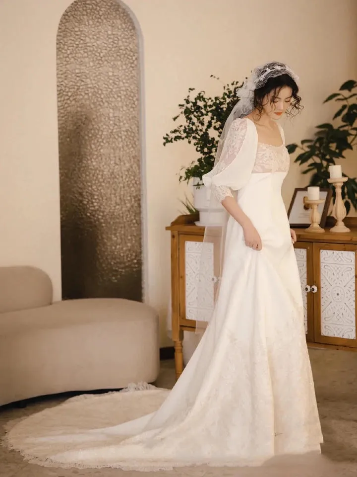 Romantic Wedding Gown Bridal Dress A Line Square Neck Satin Wedding Dress Ivory Wedding Dresses Modest Wedding Gowns HZ1121 - Image 5