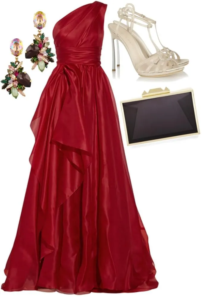 Glamorous A line One Shoulder Sleeveless Red Organza Long Evening Party Gowns Evening Special Formal Dresses Prom Dress HZ1121