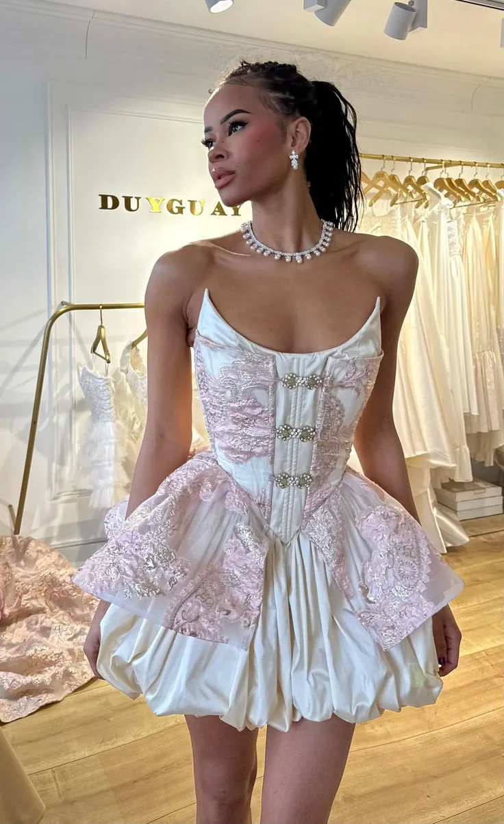 Pretty Ball Gown Strapless Floral Pink Formal Homecoming Dresses Short 21st Birthday Outfits Graduation Dress Mini Cocktail Dresses HZ1121