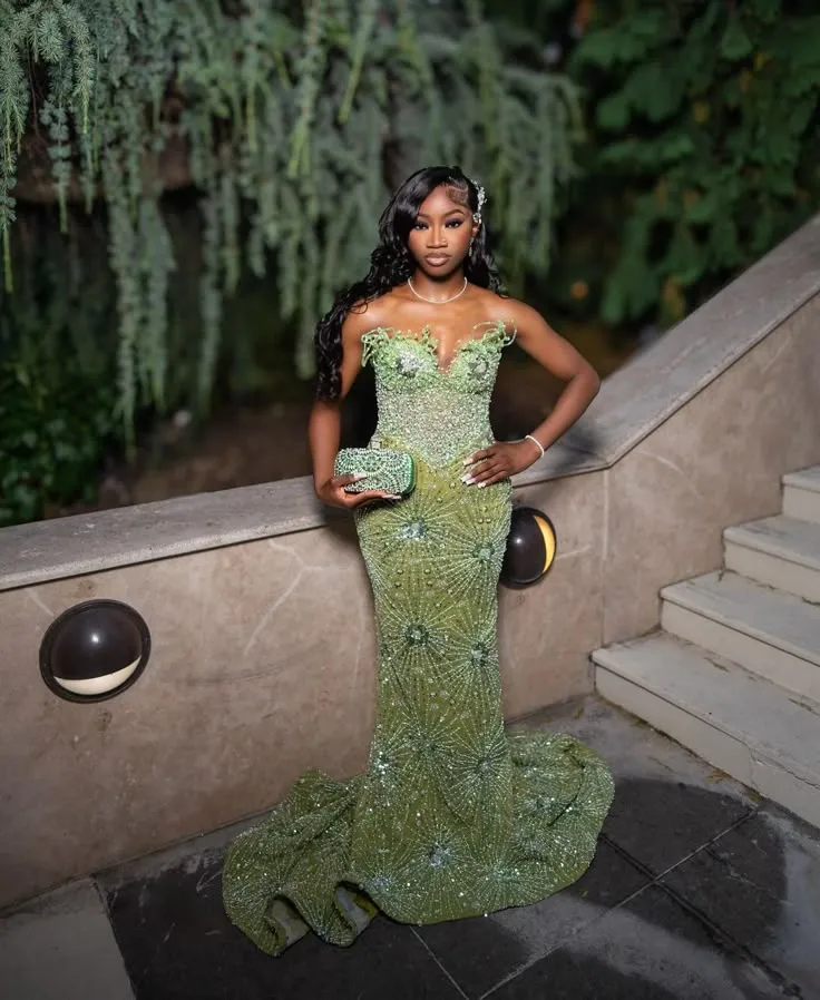 Modest Mermaid Sweetheart Sequin Long Black Girl Green Evening Party Gowns Evening Dress Special Formal Dresses Prom Dress HZ1121