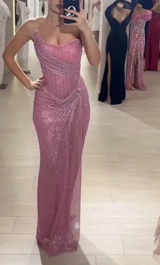 Elegant Sheath Strapless Pink Sequin Slit Long Prom Dresses Party Dress 22th Birthday Outfits Graduation Dresses HZ1121 - Image 2