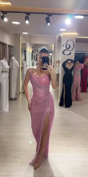 Elegant Sheath Strapless Pink Sequin Slit Long Prom Dresses Party Dress 22th Birthday Outfits Graduation Dresses HZ1121 - Image 7