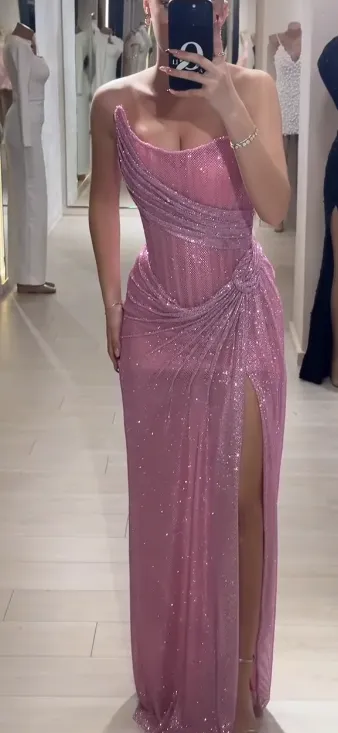 Elegant Sheath Strapless Pink Sequin Slit Long Prom Dresses Party Dress 22th Birthday Outfits Graduation Dresses HZ1121 - Image 4