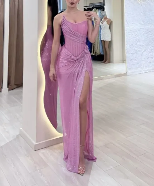 Elegant Sheath Strapless Pink Sequin Slit Long Prom Dresses Party Dress 22th Birthday Outfits Graduation Dresses HZ1121 - Image 5